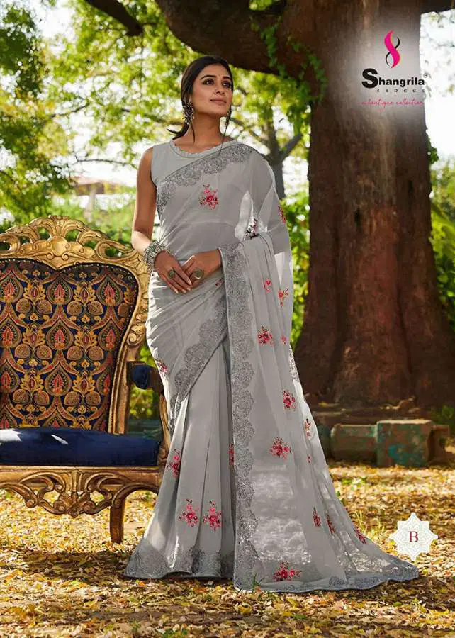 Shangrila Nikhar Stylish Fancy Designer Festive Wear Georgette Embroidery Saree Collection